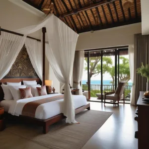 Interior of a luxurious suite at Cross Paasha Bali Seminyak, showing a modern four-poster bed and a private balcony with ocean glimpses.