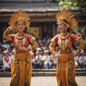 Traditional Balinese dancers performing at The Amphitheatre during afternoon tea, vibrant costumes, cultural detail, shot with a shallow depth of field.