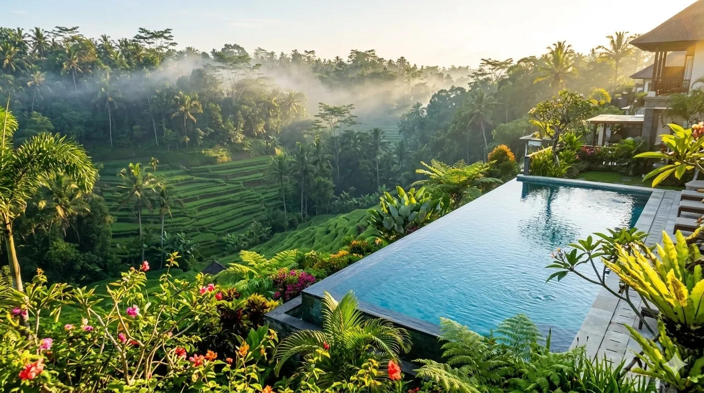 Infinity pool overlooking jungle-clad rice terraces at a luxury Ubud resort in Bali — 5-star holiday from the UK