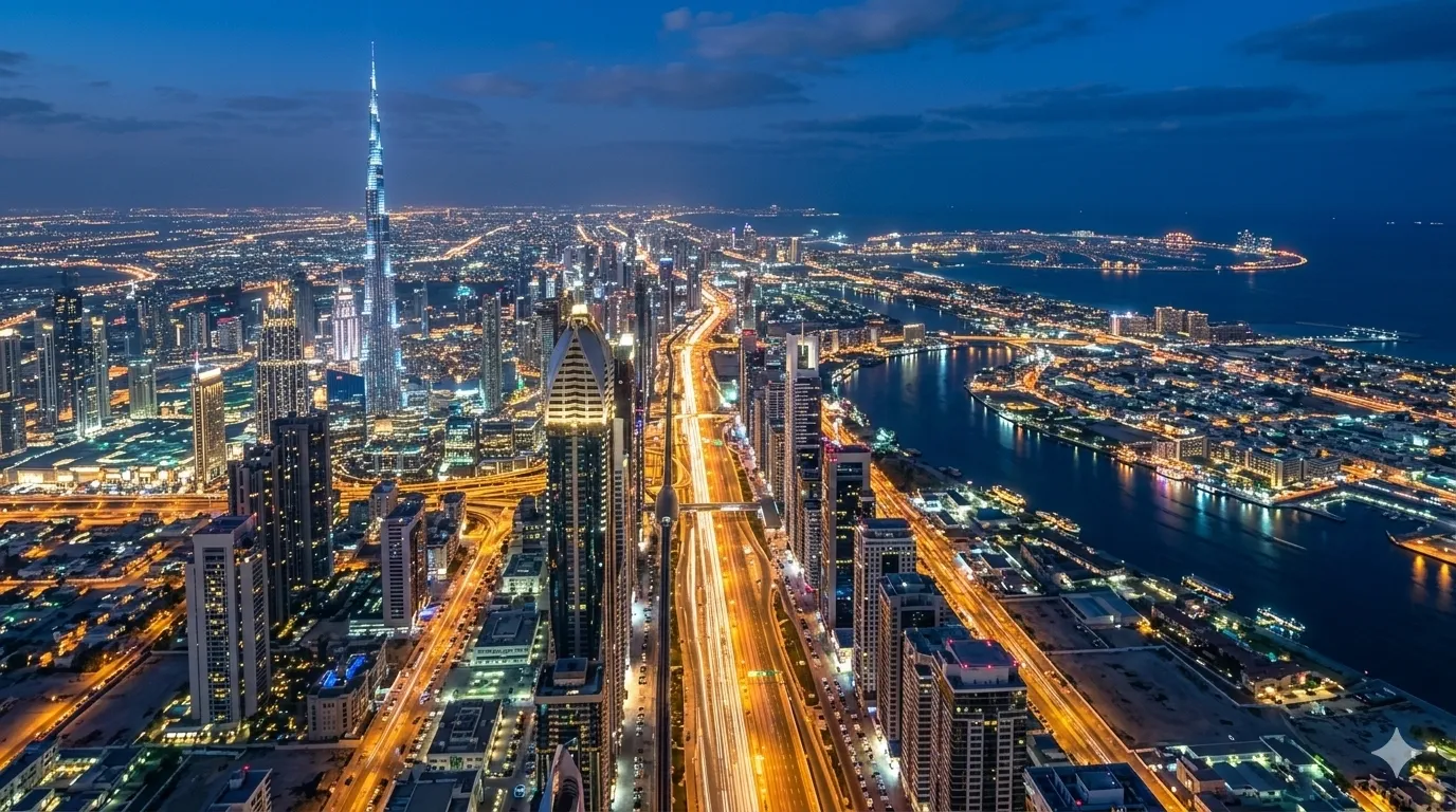 Dubai skyline at night with Burj Khalifa illuminated — a top luxury holiday destination from the UK