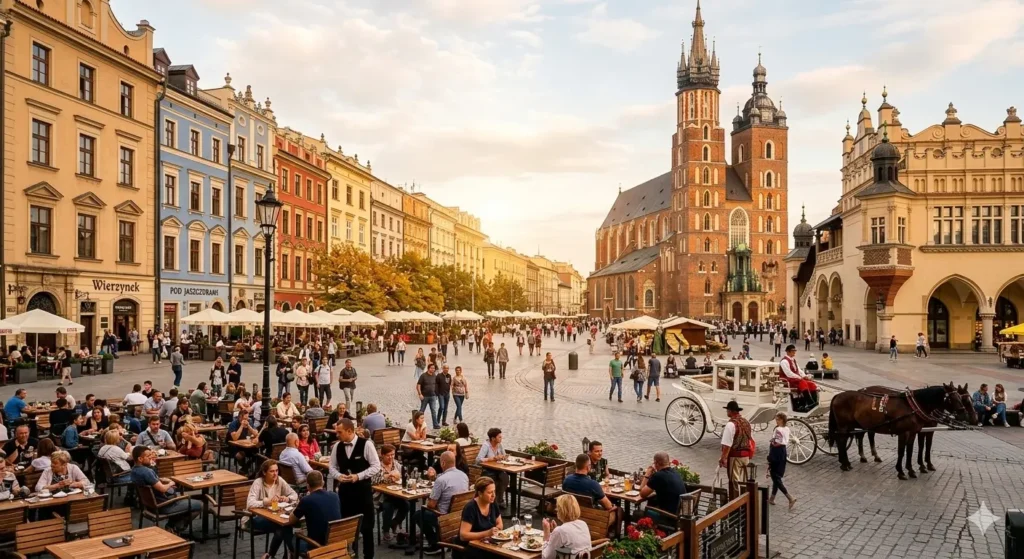 Kraków's medieval main market square — Poland is among the most affordable city break destinations from the UK