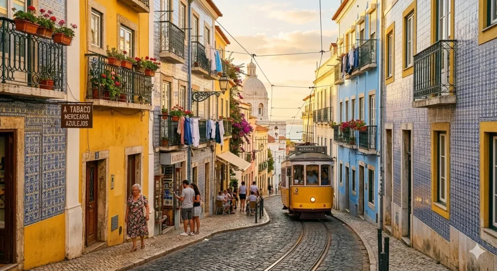 Colourful tiled buildings on a sunlit cobbled street in Lisbon — one of the most affordable holiday destinations from the UK