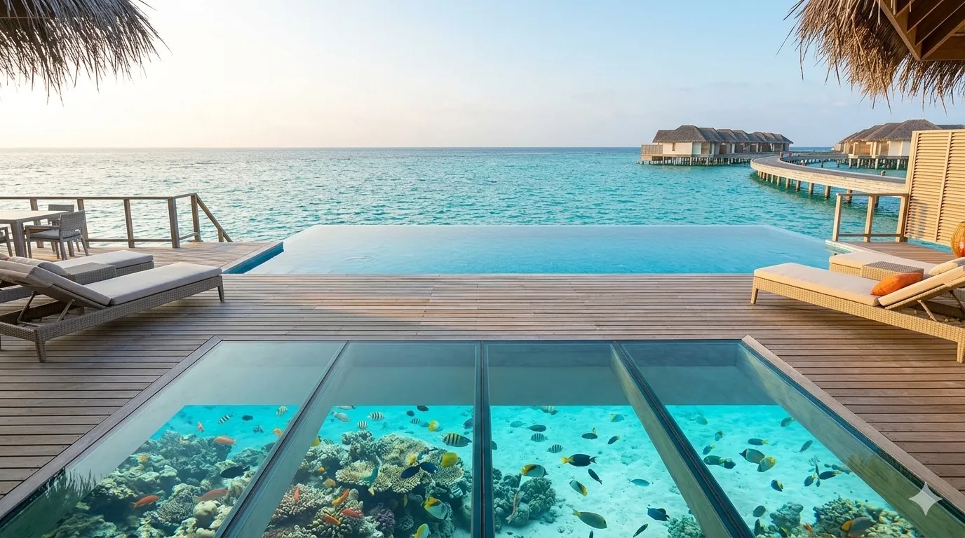 Overwater villa deck with infinity pool over turquoise lagoon in the Maldives — luxury 5-star holiday from the UK