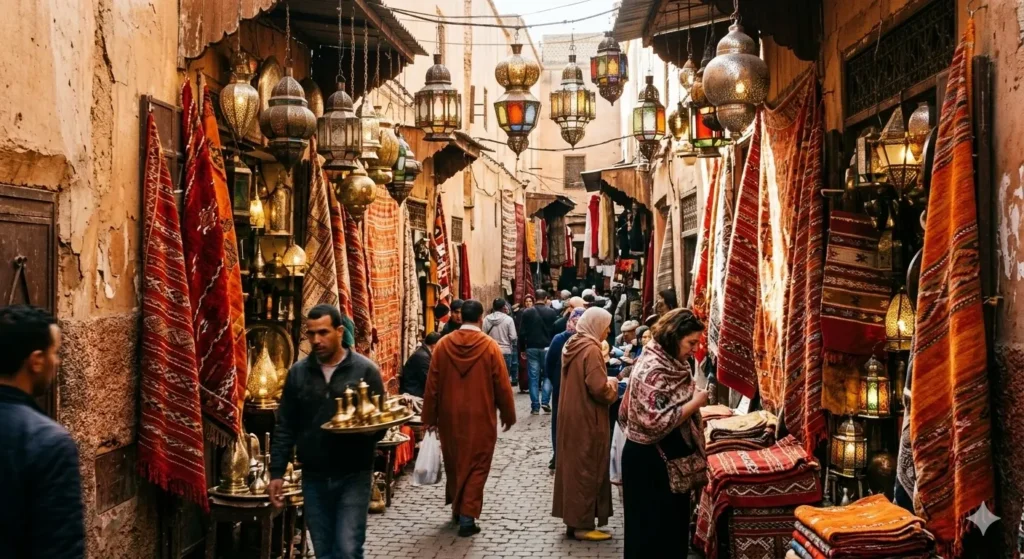 Colourful lanterns and spice stalls in a Marrakech souk — Morocco is an affordable holiday destination from the UK