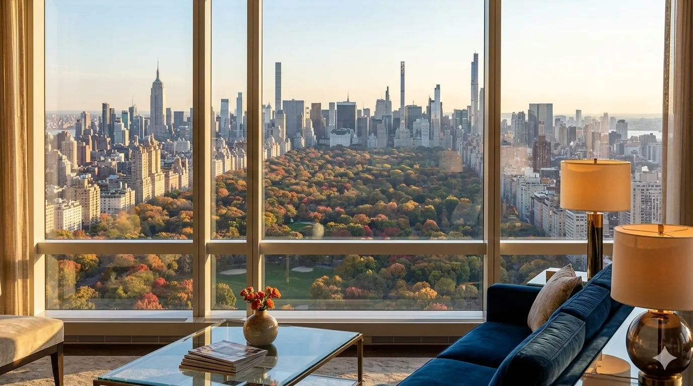 Central Park view from a luxury Manhattan hotel suite in New York — 5-star holiday destination from the UK