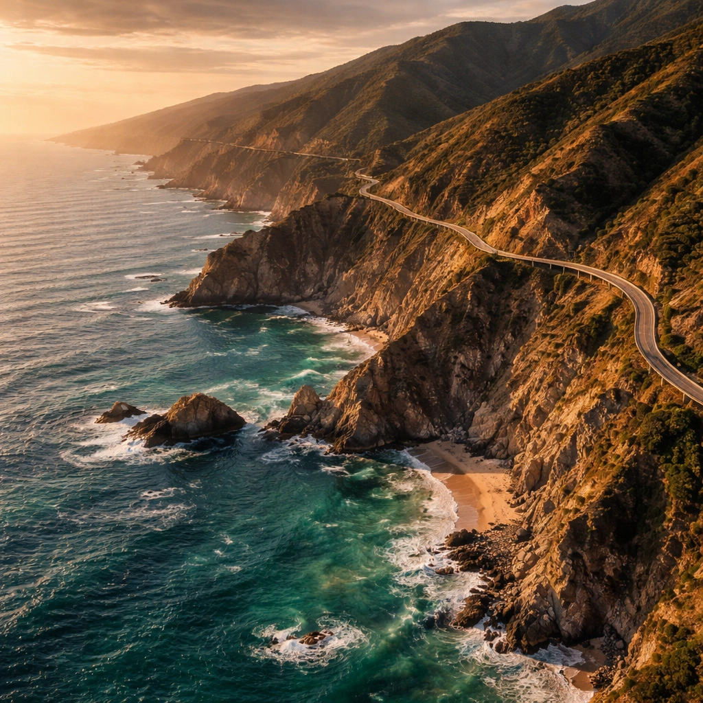 Pacific Coast Highway winding along Big Sur cliffs at golden hour, turquoise Pacific Ocean below