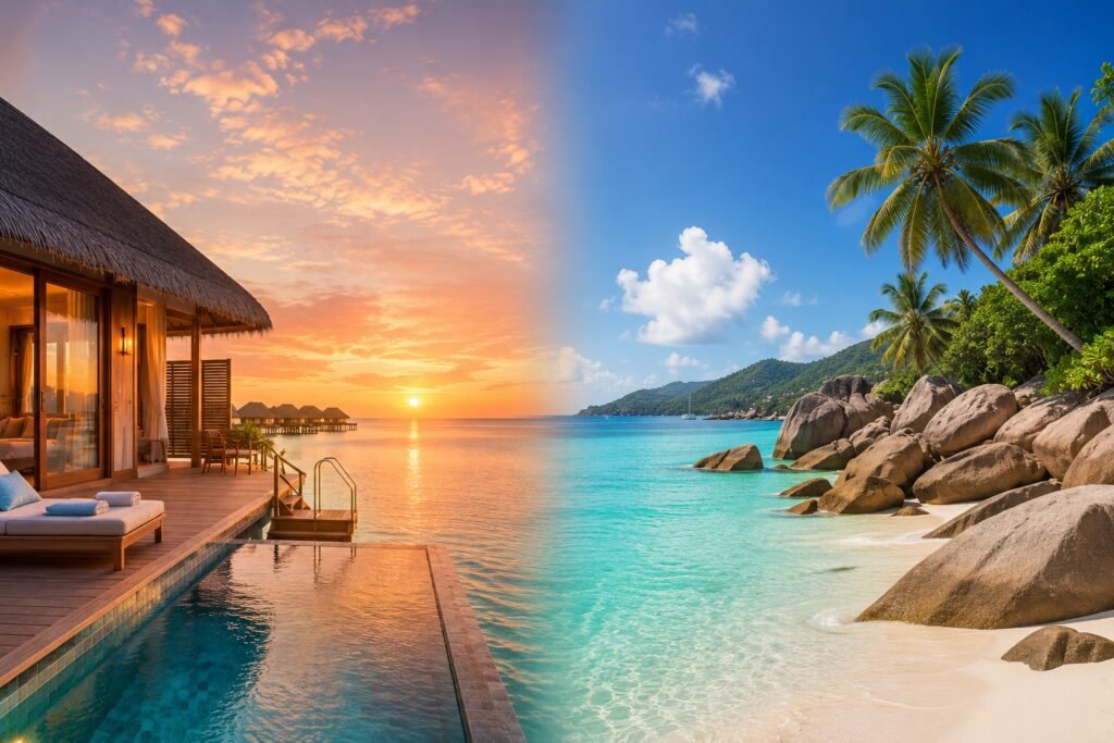 Maldives vs Seychelles luxury holiday comparison 2026 — overwater villa meets granite beach paradise